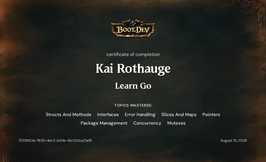 K R's Boot.dev Learn Go certificate