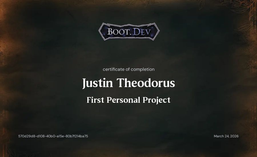 Justin Theodorus's Boot.dev First Personal Project certificate