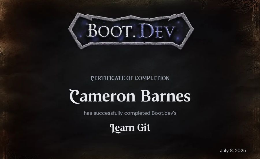 Cameron Barnes's Boot.dev Learn Git certificate