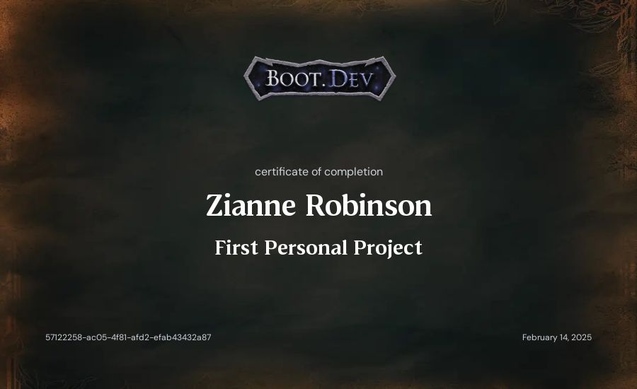 Zianne Robinson's Boot.dev First Personal Project certificate