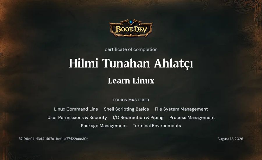 Hilmi Tunahan Ahlatçı's Boot.dev Learn Linux certificate