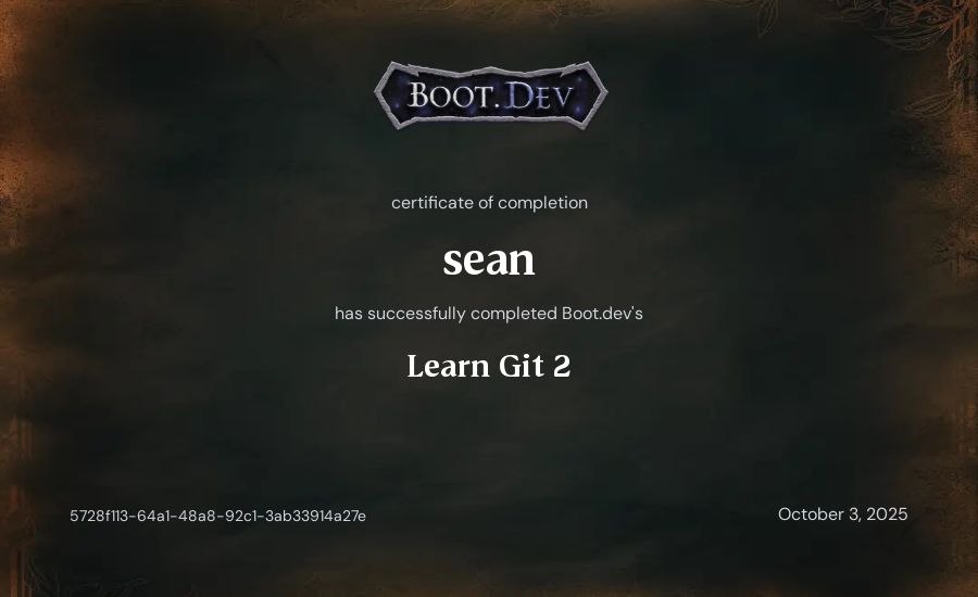 sean's Boot.dev Learn Git 2 certificate
