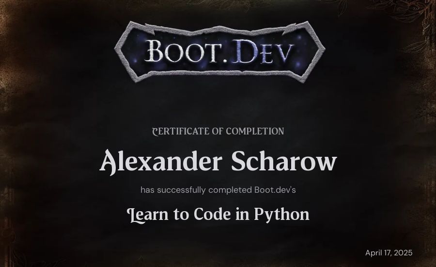 Lunex Edakumi's Boot.dev Introduction to Python Course certificate