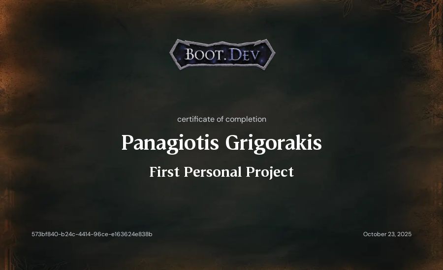 Panagiotis Grigorakis's Boot.dev First Personal Project certificate