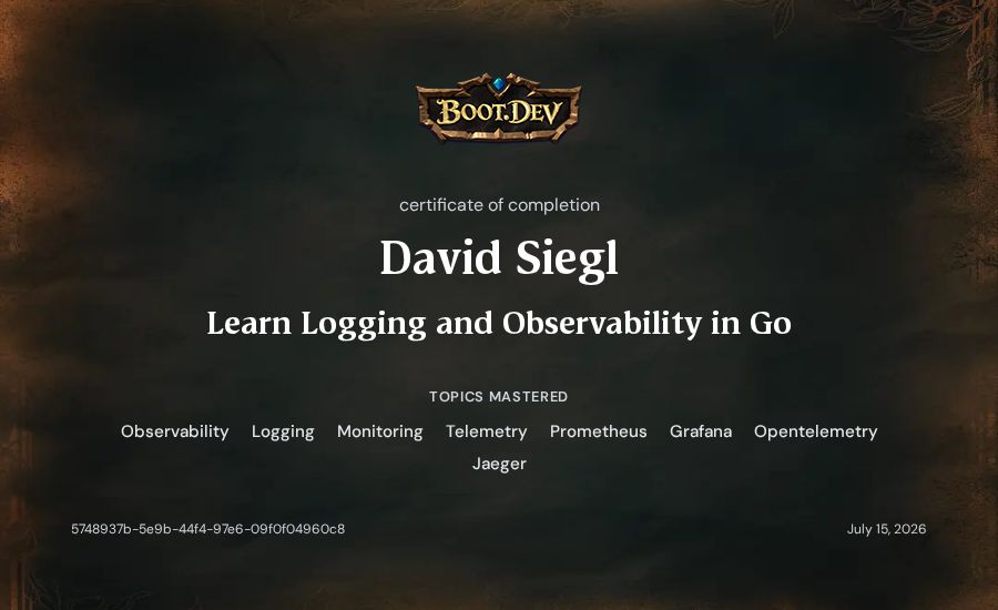 David Siegl's Boot.dev Learn Logging and Observability in Go certificate