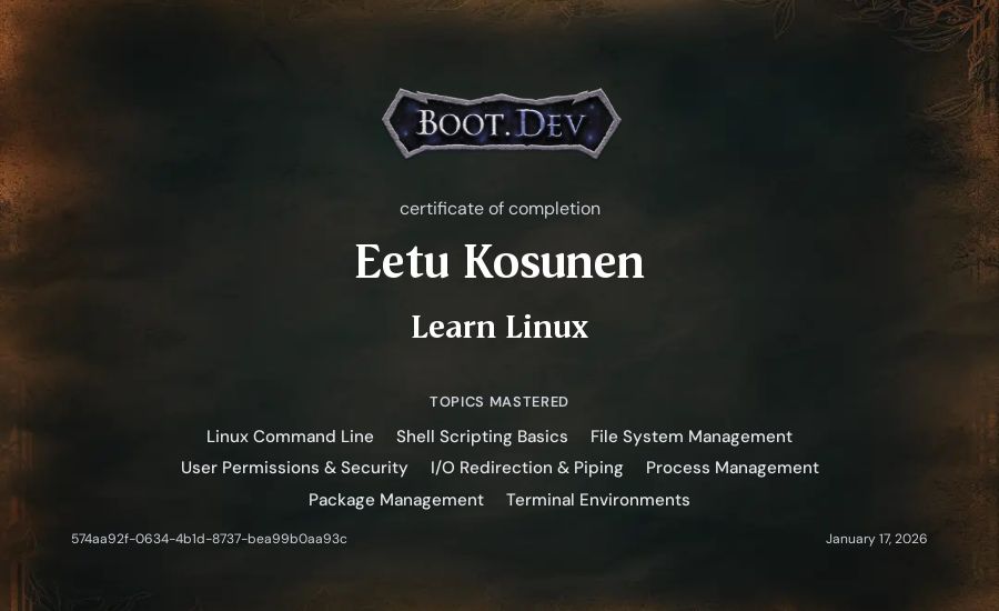 Eetu Kosunen's Boot.dev Learn Linux certificate