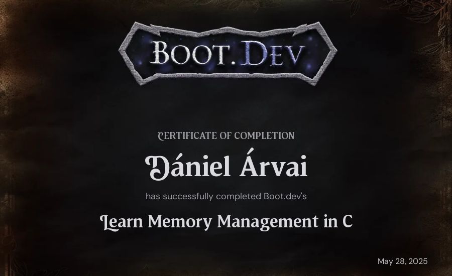 Dániel Árvai's Boot.dev Learn Memory Management in C certificate