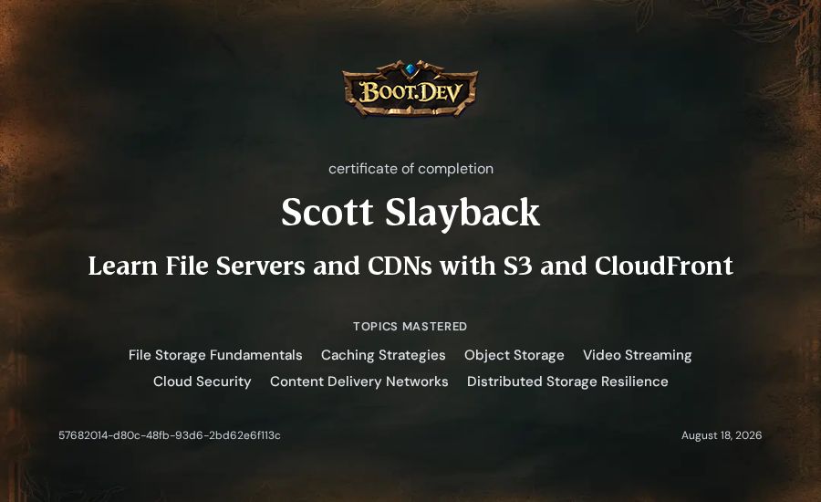 Scott Slayback's Boot.dev Learn File Servers and CDNs with S3 and CloudFront certificate