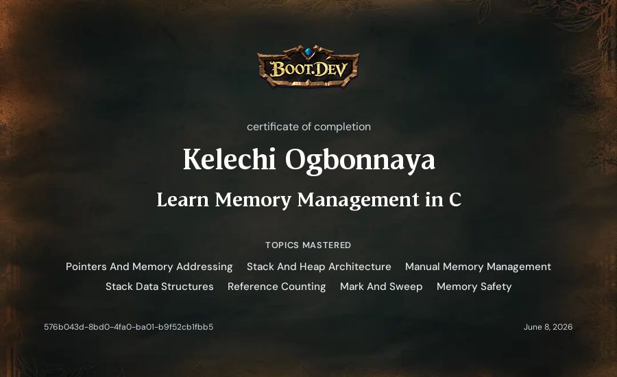 Kelechi Ogbonnaya's Boot.dev Learn Memory Management in C certificate