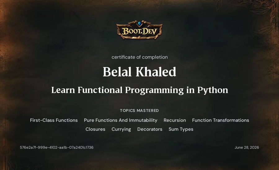 Belal Khaled's Boot.dev Learn Functional Programming in Python certificate