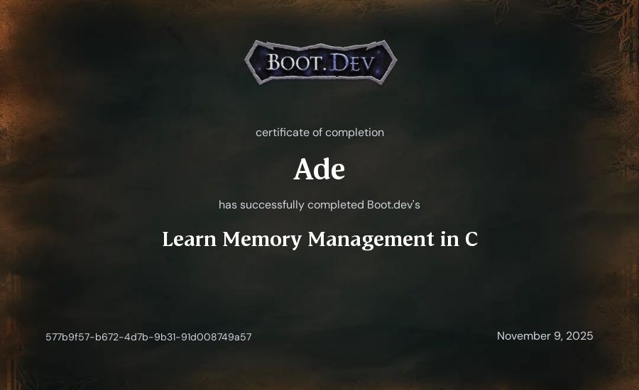 Ade's Boot.dev Learn Memory Management in C certificate