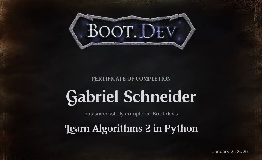 Gabriel Schneider's Boot.dev Learn Data Structures and Algorithms 2 in Python certificate