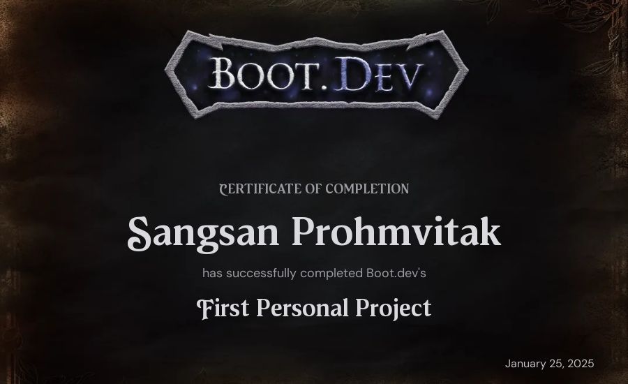 Sangsan Prohmvitak's Boot.dev First Personal Project certificate