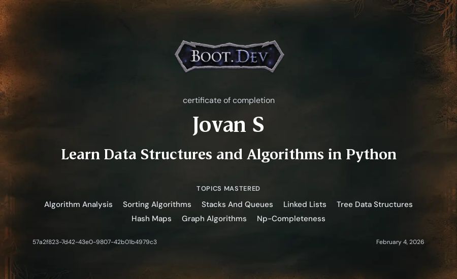 Jovan S's Boot.dev Learn Data Structures and Algorithms in Python certificate
