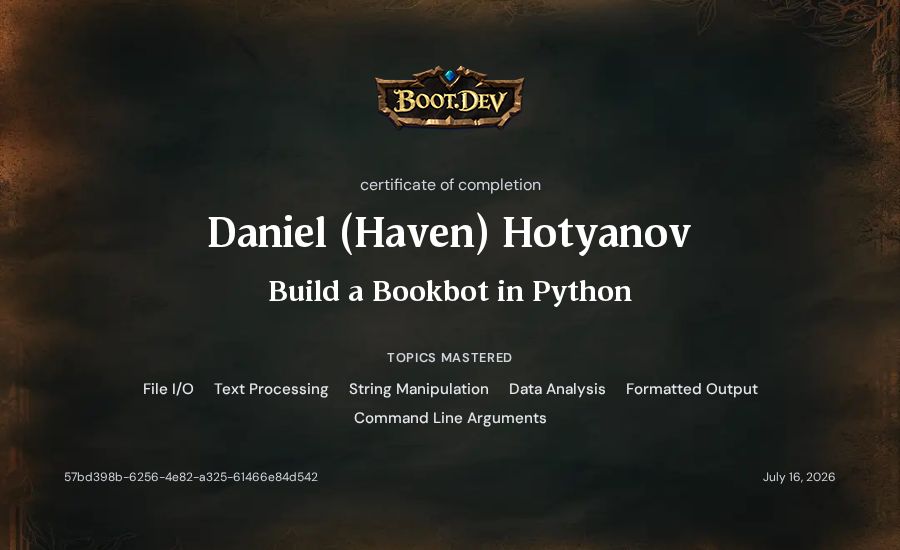 Daniel (Haven) Hotyanov's Boot.dev Build a Bookbot in Python certificate
