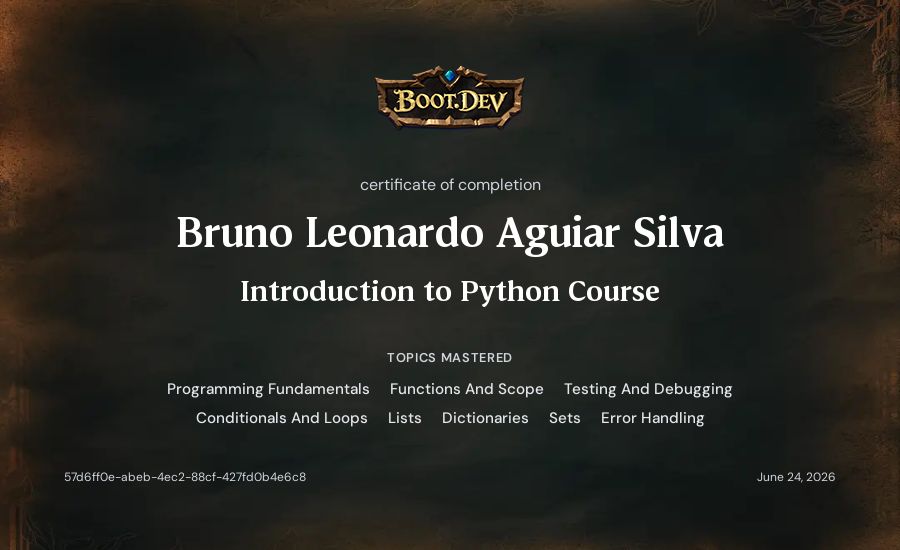 Bruno Leonardo Aguiar Silva's Boot.dev Introduction to Python Course certificate