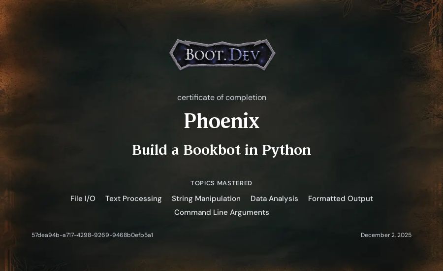 Phoenix's Boot.dev Build a BookBot in Python certificate