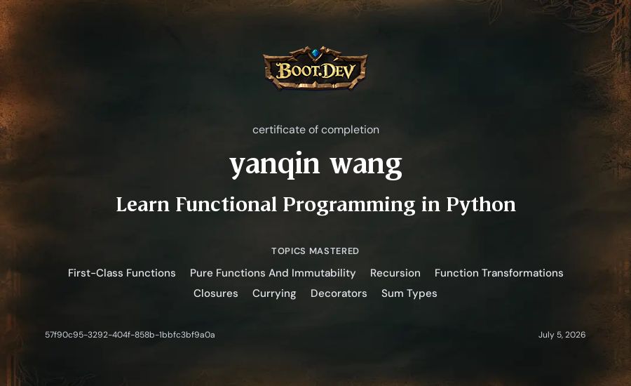 yanqin wang's Boot.dev Learn Functional Programming in Python certificate