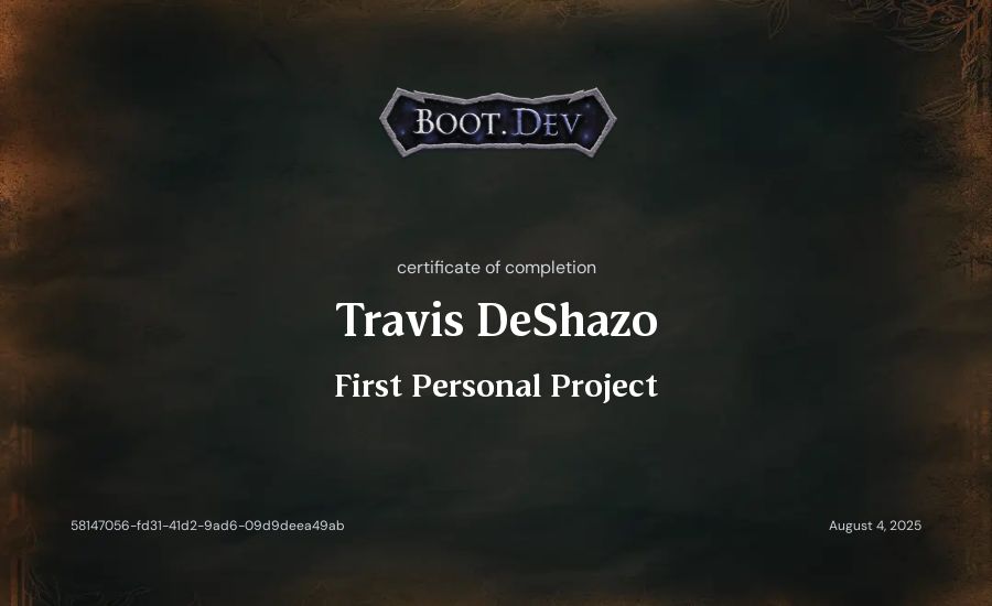 Travis DeShazo's Boot.dev First Personal Project certificate