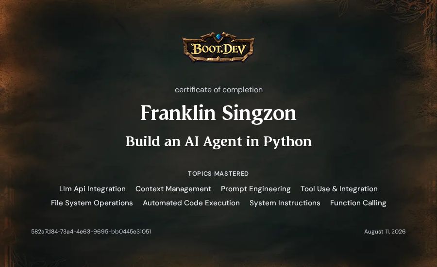 Franklin Singzon's Boot.dev Build an AI Agent in Python certificate