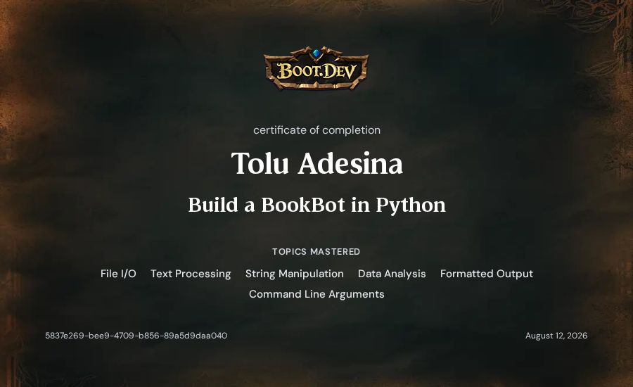 Tolu Adesina's Boot.dev Build a BookBot in Python certificate