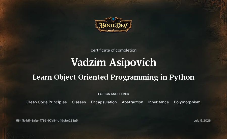 Vadzim Asipovich's Boot.dev Learn Object Oriented Programming in Python certificate