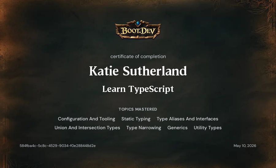 Katie Sutherland's Boot.dev Learn TypeScript certificate