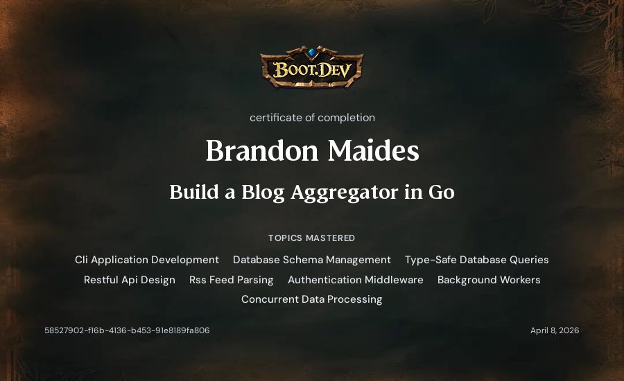 Brandon Maides's Boot.dev Build a Blog Aggregator in Go certificate