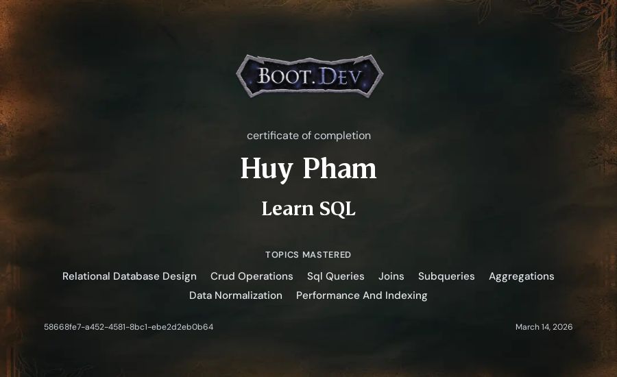 Huy Pham's Boot.dev Learn SQL certificate