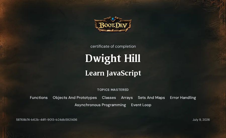 Dwight Hill's Boot.dev Learn JavaScript certificate