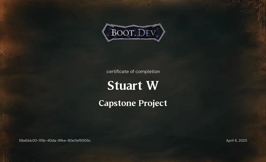 Stuart W's Boot.dev Capstone Project certificate