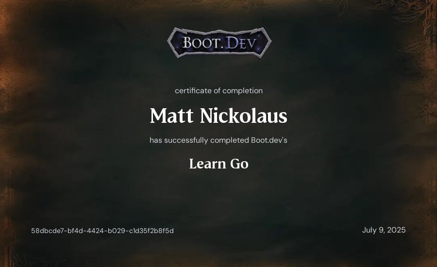 Matt Nickolaus's Boot.dev Learn Go certificate