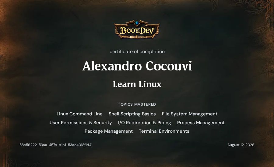 Alexandro Cocouvi's Boot.dev Learn Linux certificate