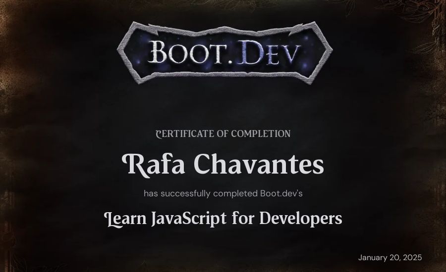 Rafa Chavantes's Boot.dev Learn JavaScript certificate