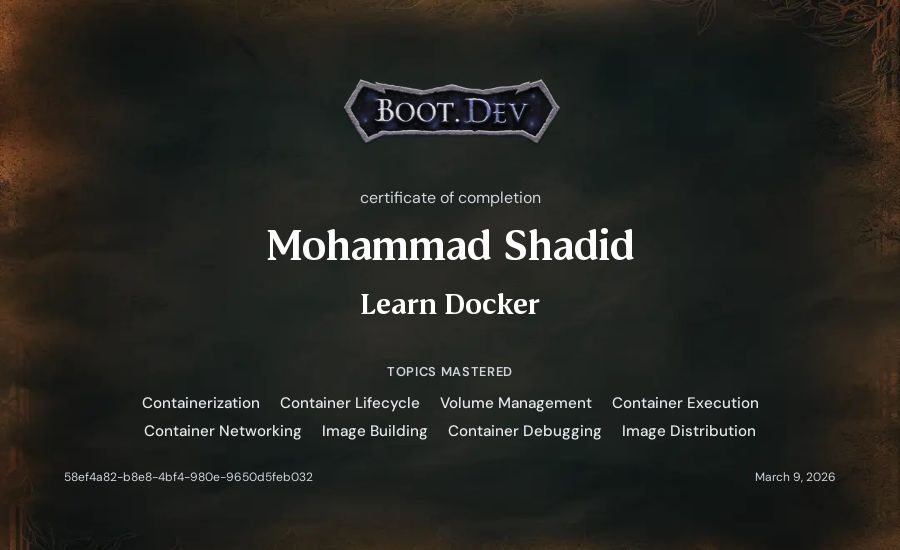 Mohammad Shadid's Boot.dev Learn Docker certificate