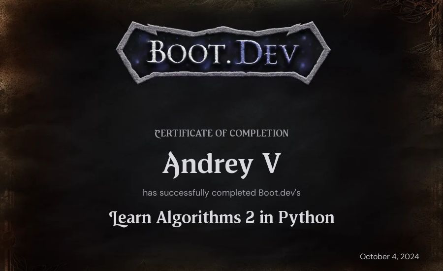 m's Boot.dev Learn Data Structures and Algorithms 2 in Python certificate