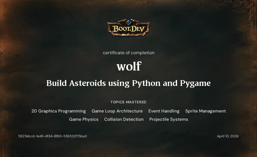 Eklavya Sood's Boot.dev Build Asteroids using Python and Pygame certificate