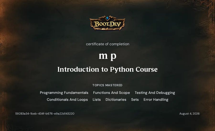m p's Boot.dev Introduction to Python Course certificate