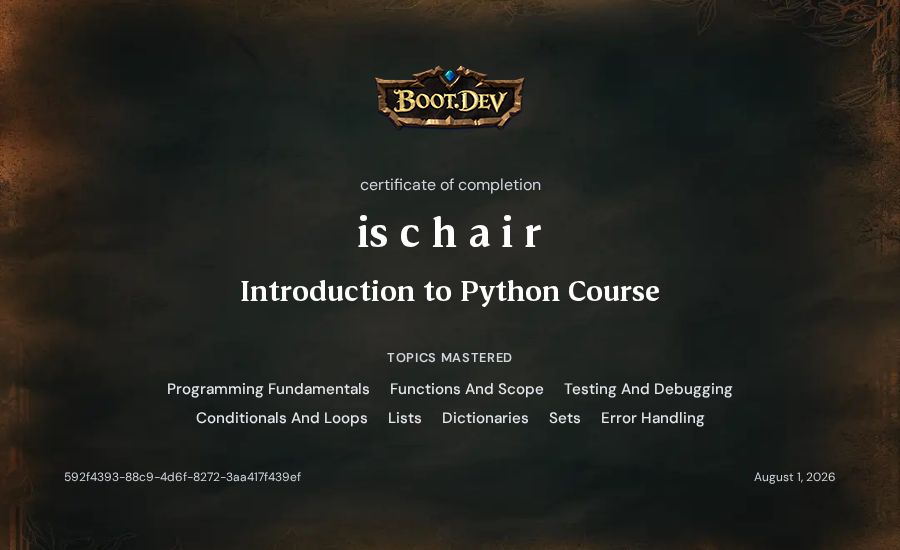 is c h a i r's Boot.dev Introduction to Python Course certificate