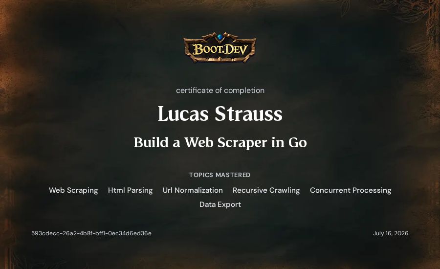 Lucas Strauss's Boot.dev Build a Web Scraper in Go certificate