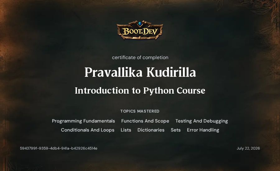 Pravallika Kudirilla's Boot.dev Introduction to Python Course certificate