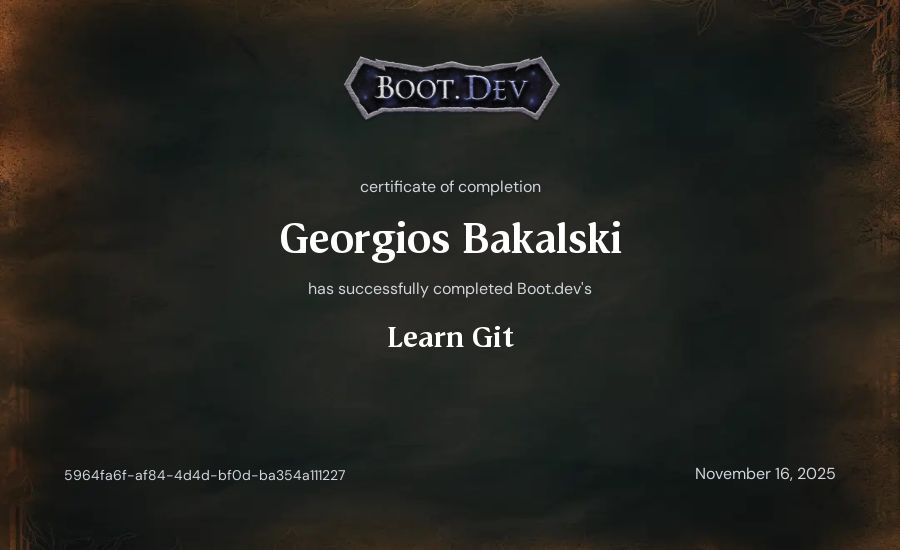 Georgios Bakalski's Boot.dev Learn Git certificate