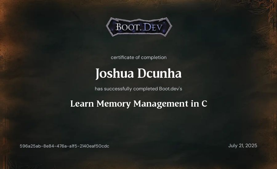 Joshua Dcunha's Boot.dev Learn Memory Management in C certificate