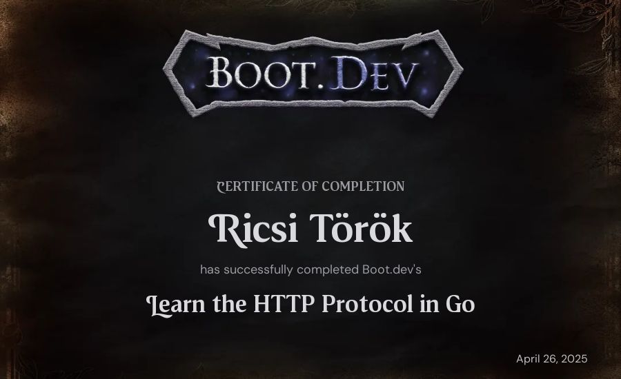 Ricsi Török's Boot.dev Learn the HTTP Protocol in Go certificate