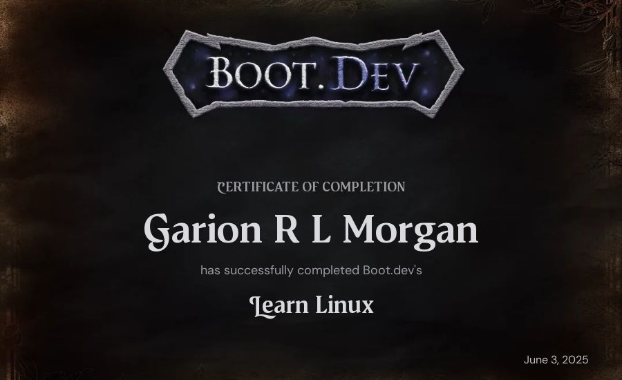 Garion R L Morgan's Boot.dev Learn Linux certificate