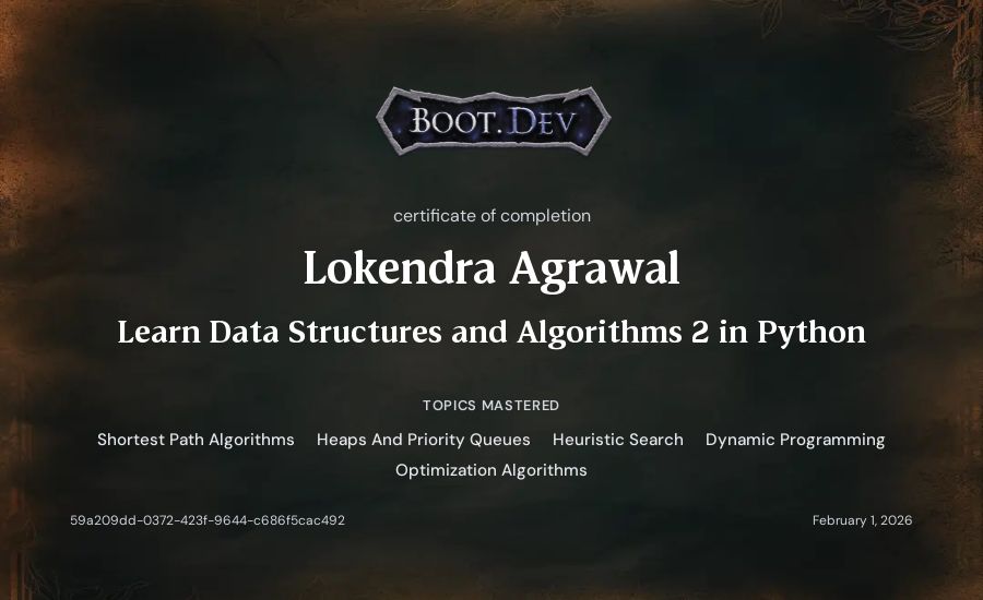 Lokendra Agrawal's Boot.dev Learn Data Structures and Algorithms 2 in Python certificate