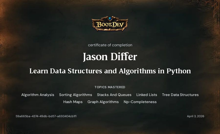 Jason Differ's Boot.dev Learn Data Structures and Algorithms in Python certificate