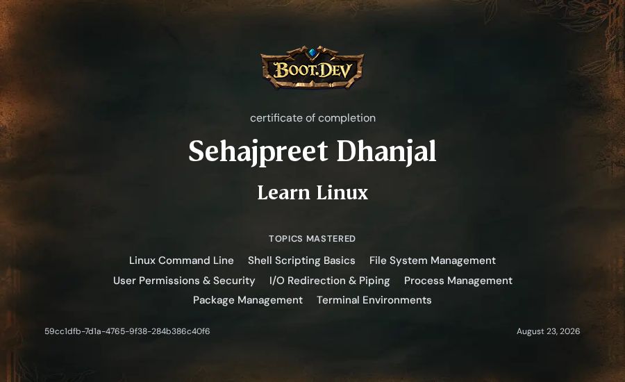Sehajpreet Dhanjal's Boot.dev Learn Linux certificate