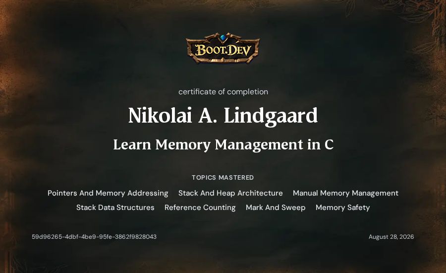 Nikolai A. Lindgaard's Boot.dev Learn Memory Management in C certificate