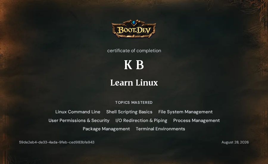 K B's Boot.dev Learn Linux certificate